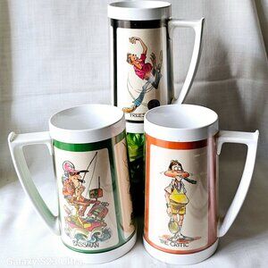 Vintage set 3 Thermo-Serv Mug 16 oz. Fun Fishing ; bowling ; badminton